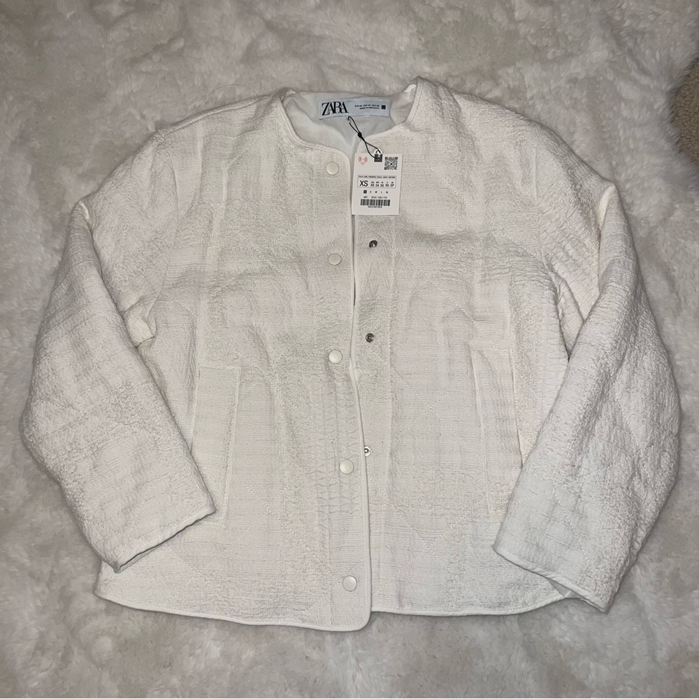 Zara White Teddy Blazer Jacket with Textured Fabric and Long Sleeves